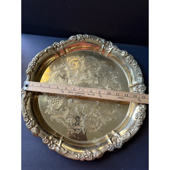 Vintage French Victorian Brass Serving Platter Etched Engraved Round Charcuterie - Picture 5 of 9